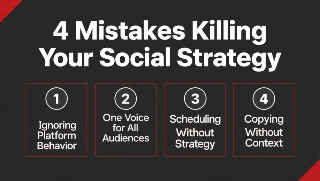 Infographic showing four common mistakes in one-size-fits-all social media strategies