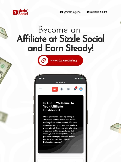 Sizzle Social affiliate program promotional post showing mobile dashboard with money illustrations
