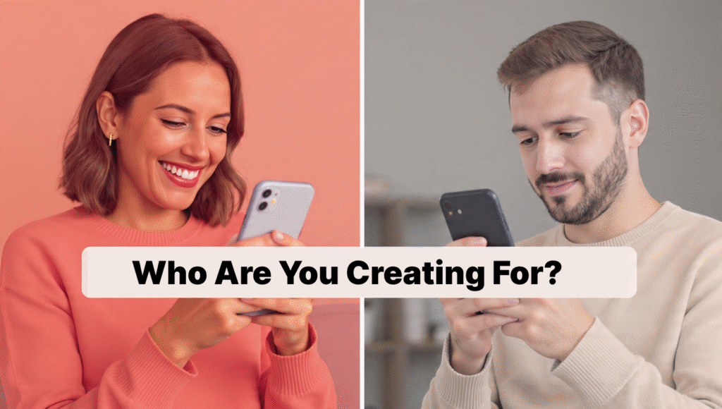 Split visual showing a content creator focused on aesthetics on one side, and an audience scrolling past unengaged content on the other — illustrating the creator-vs-audience content gap.