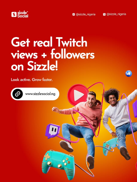 Sizzle Social promotional post showing two excited men jumping with gaming controllers and Twitch icon