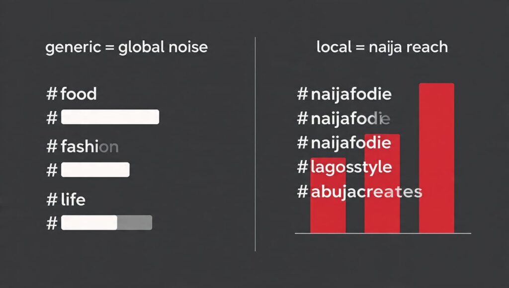 Generic hashtags kill local reach Nigeria comparison infographic