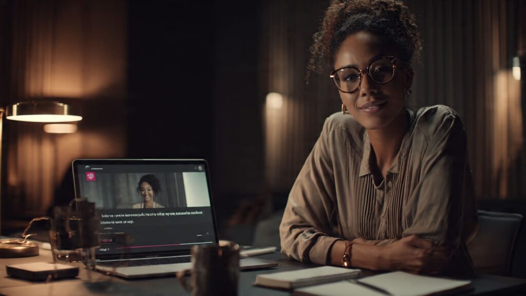 Nigerian woman reviewing video testimonials on a laptop for her product landing page