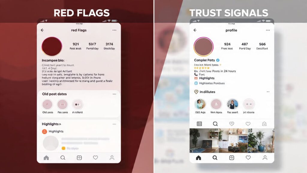Comparison of Instagram profiles showing red flags versus trust signals for Nigerian buyers