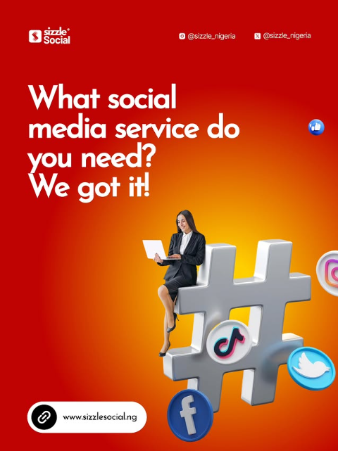 Sizzle Social red promotional post showing woman on 3D hashtag with TikTok Facebook Instagram icons