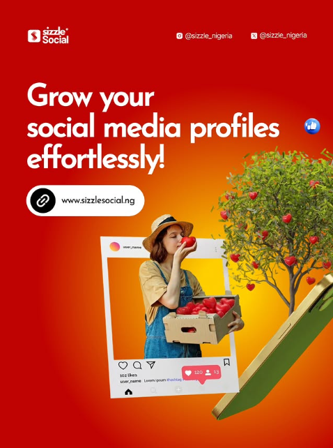 Sizzle Social red promotional post showing woman in Instagram frame with heart tree and engagement icons