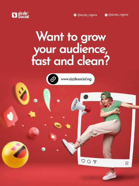 Sizzle Social red promotional post showing energetic woman stepping out of Instagram frame with emoji icons