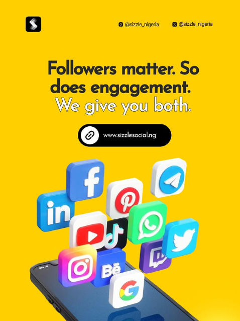 izzle Social yellow promotional post showing 3D social media app icons floating from smartphone