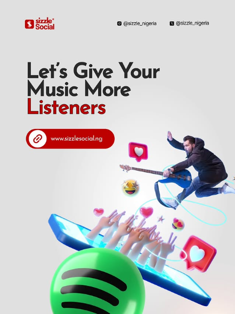 Sizzle Social grey promotional post showing guitarist jumping above Spotify logo with heart engagement icons