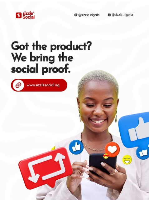Sizzle Social white promotional post showing smiling woman on phone with like and share engagement icons