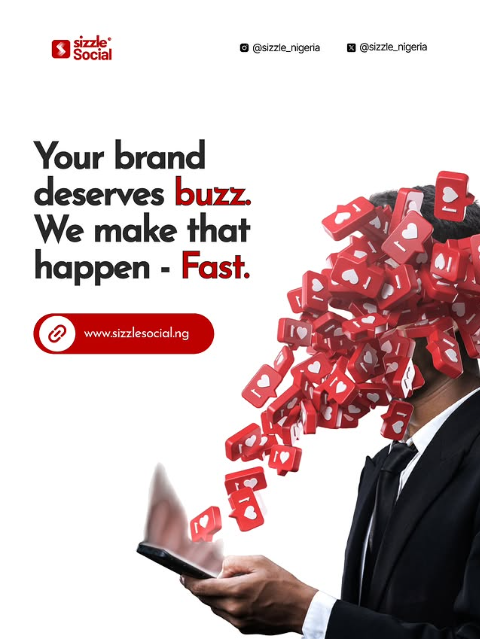 Sizzle Social white promotional post showing man in suit with red heart like icons exploding from head