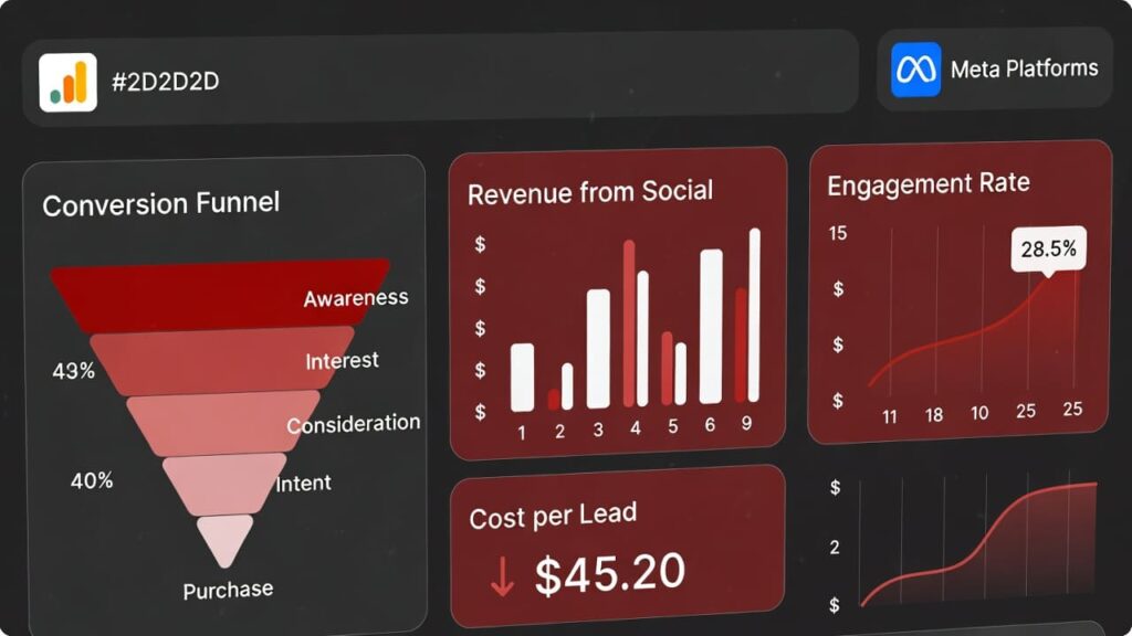 Dark analytics dashboard showing social media ROI, conversion rates, and revenue tracking for a Nigerian business