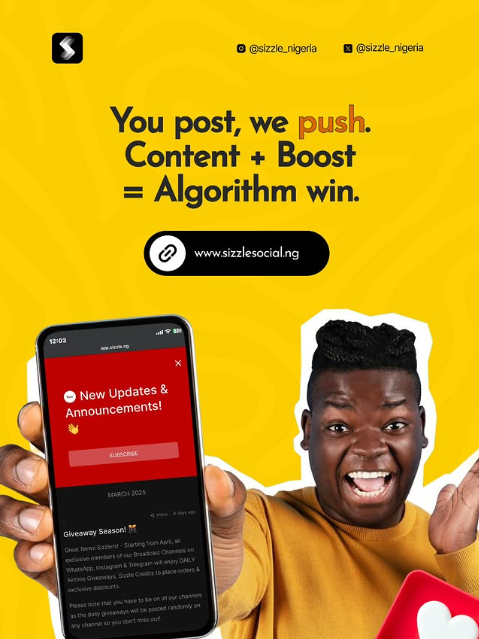 Sizzle Social yellow promotional post showing excited man holding phone with content boost message