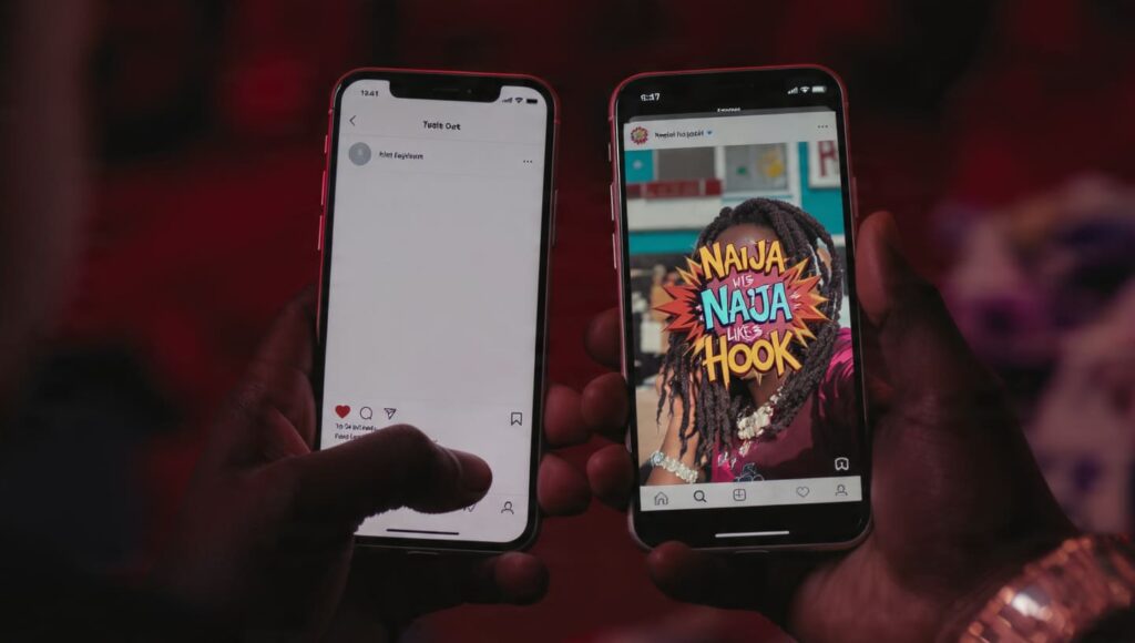 Close-up comparison of weak versus strong 3-second hook captions on Instagram posts for Nigerian creators to get more likes