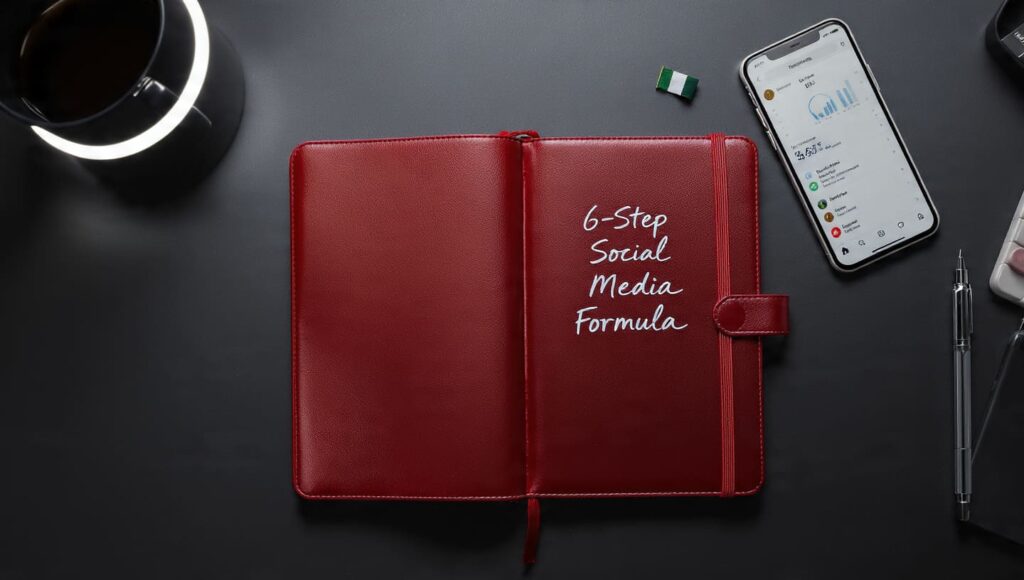 6-step social media growth formula Nigeria flat lay with phone, notebook and planner
