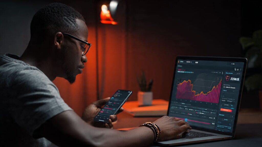 Nigerian creator reviewing SMM panel gradual follower growth dashboard on laptop in home studio