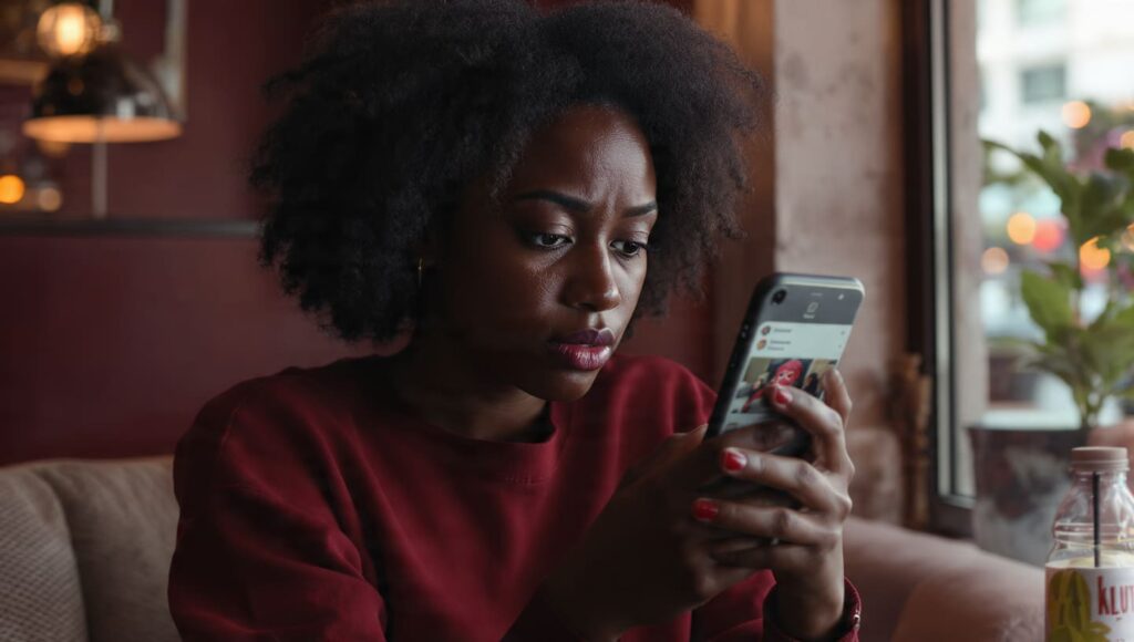 Nigerian content creator checking phone with zero comments on post