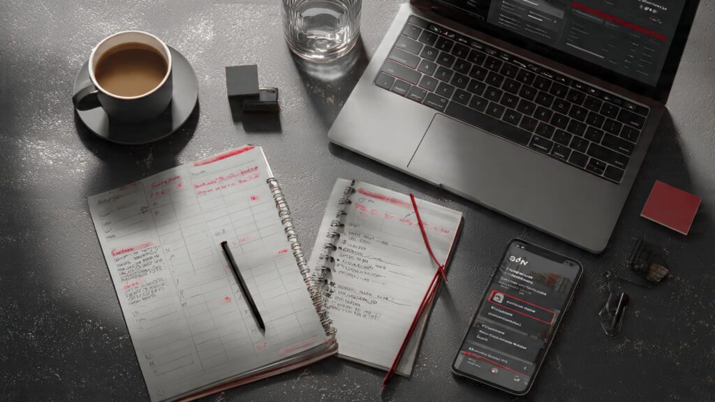 Nigerian creator surrounded by content calendar, phone and Canva templates working from a social media growth system