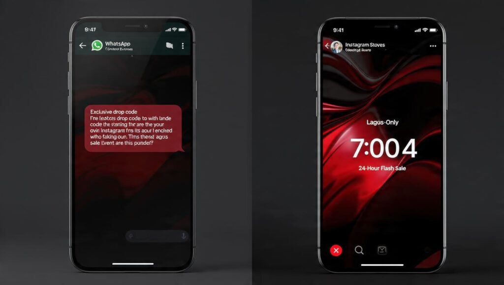 Split-screen showing Nigerian brand WhatsApp exclusive drop code and Instagram Story countdown timer