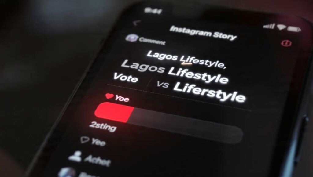 Instagram Story poll from Nigerian brand showing Lagos vs Abuja lifestyle vote with climbing engagement