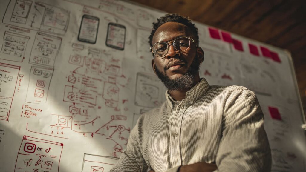 Nigerian entrepreneur planning social media system on a strategy whiteboard