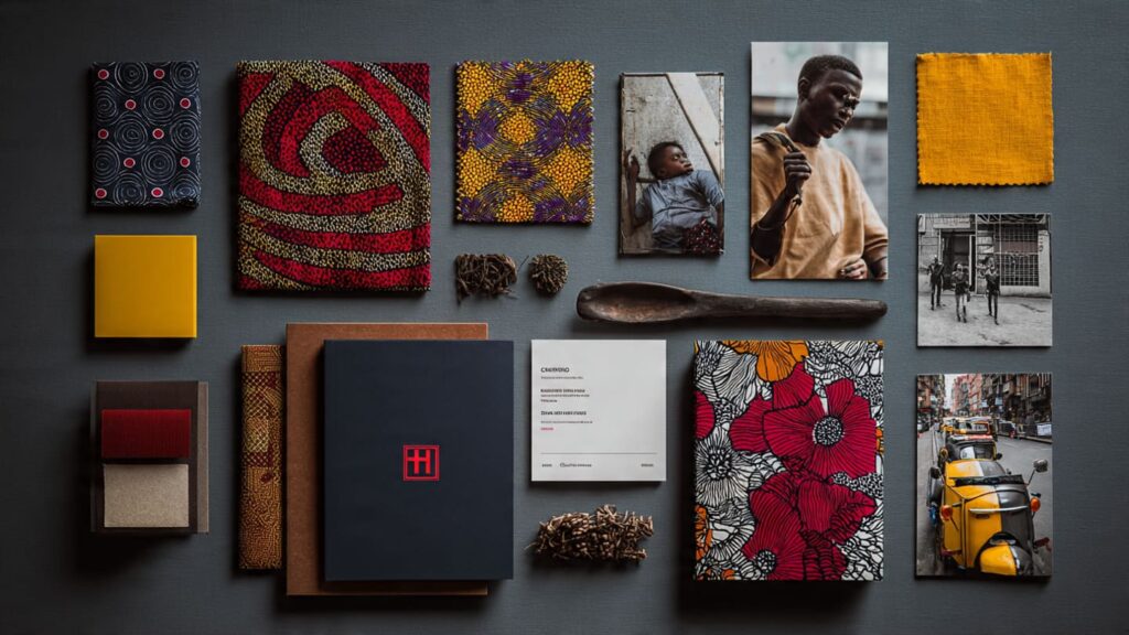 Nigerian brand mood board showing Ankara patterns danfo yellow and Lagos street-inspired visual identity elements