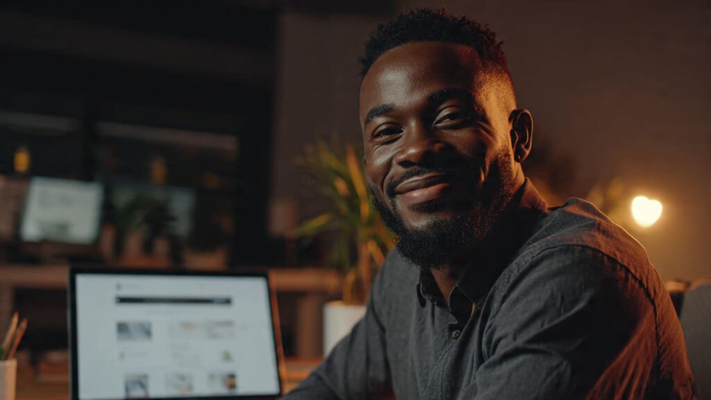 Nigerian business owner reviewing a professional Sizzle Digital-built website, showing the impact of quality web design and digital infrastructure on Nigerian business growth