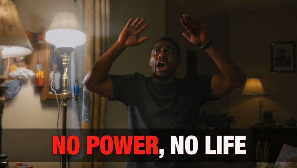 Nigerian creator acting out a NEPA blackout skit with bold meme text overlay for local humour content