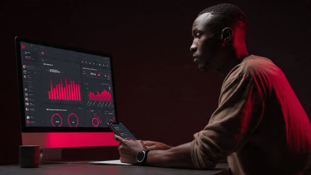 Nigerian content creator analyzing Instagram boost analytics on phone and laptop