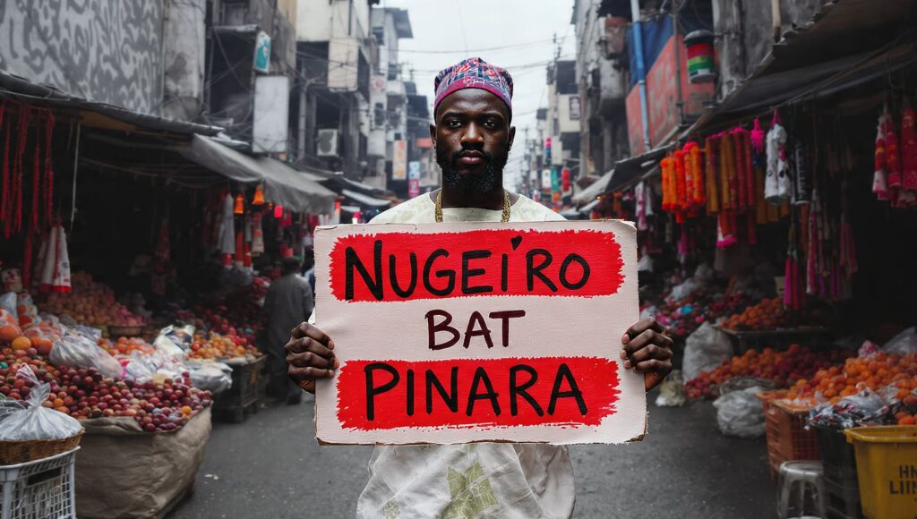 Nigerian entrepreneur holding bold brand sign in a busy Lagos market with crowd in background
