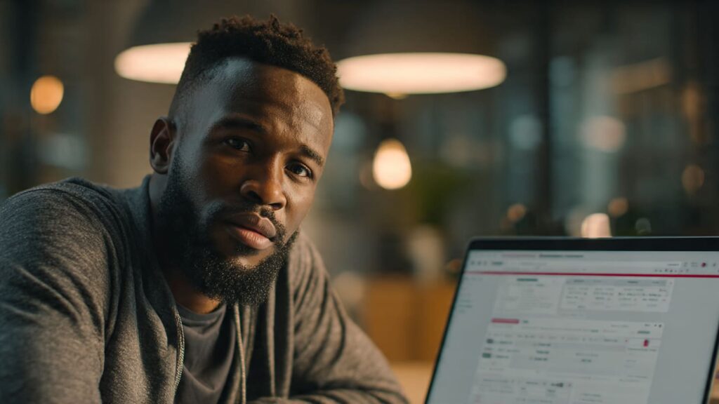 Nigerian startup founder reviewing a Sizzle Digital marketing automation dashboard showing email funnels, social scheduling, and lead generation metrics for scalable business growth