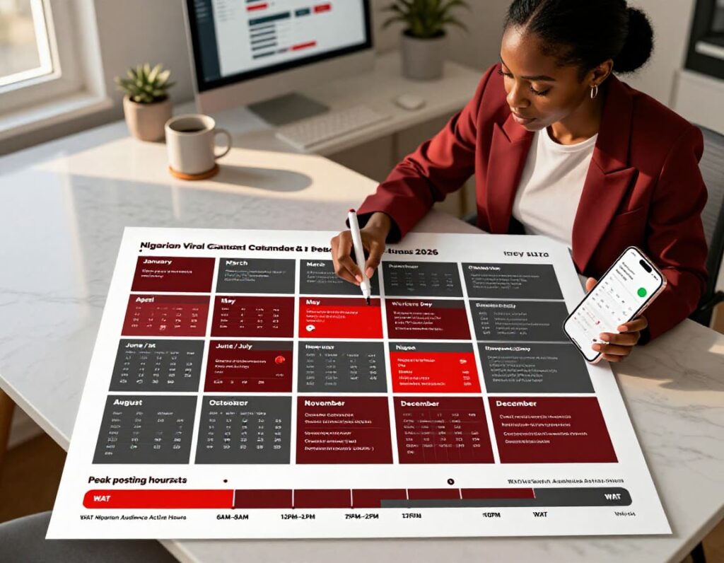 Nigeria viral content timing calendar showing peak posting hours and trendjacking opportunities 2026