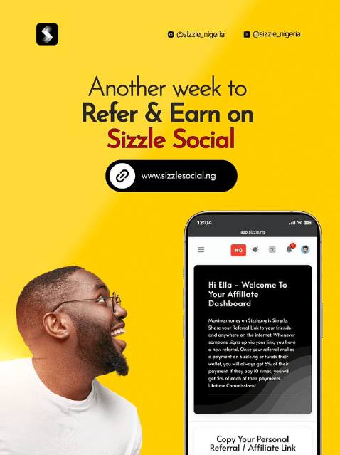 Sizzle Social yellow promotional post showing smiling man with affiliate dashboard on mobile screen