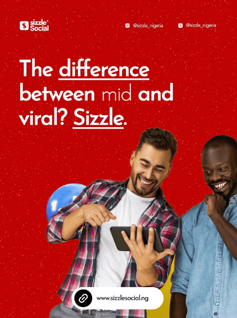 Sizzle Social red promotional post showing two men laughing at phone with viral growth message