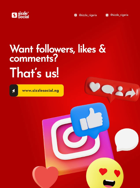 Sizzle Social red promotional post showing 3D Instagram icon with like comment and emoji icons