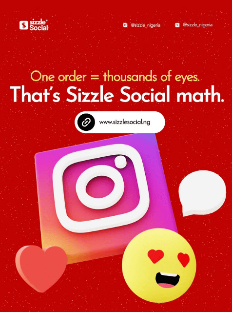 Sizzle Social red promotional post showing 3D Instagram icon with heart and love eye emoji