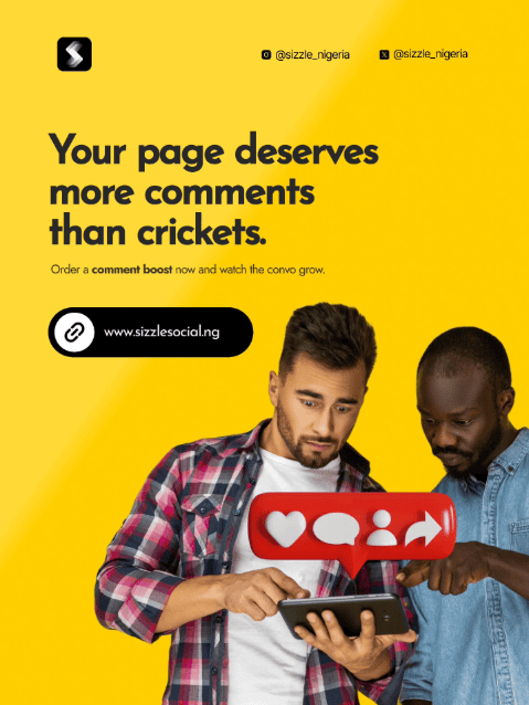 Sizzle Social yellow promotional post showing two men on tablet with 3D comment engagement icon