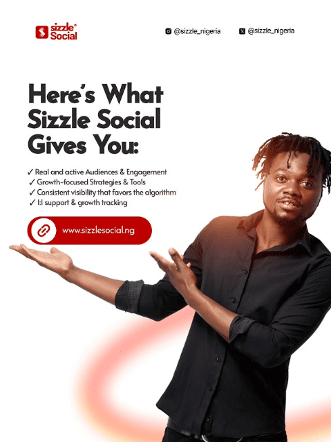 White promotional poster with a young man in black gesturing toward a list of Sizzle Social benefits including real audiences, growth strategies, algorithm visibility, and 1:1 support