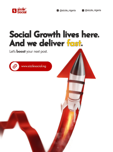 White poster with a red rocket launching along an upward-trending arrow, with bold text reading "Social Growth lives here. And we deliver fast."