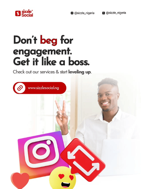 White Sizzle Social poster with a smiling man flashing a peace sign, surrounded by Instagram, retweet, heart, and love-eye emoji icons, with text "Don't beg for engagement. Get it like a boss."