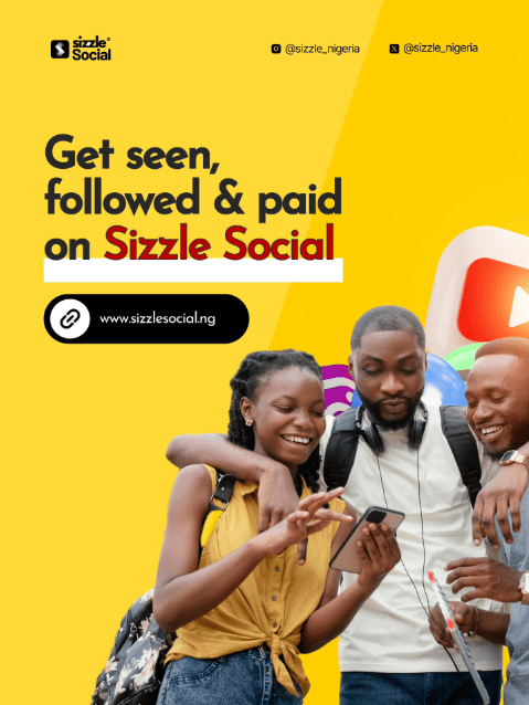 Yellow Sizzle Social poster with three young people smiling and looking at a phone, with social media app icons in the background and text reading "Get seen, followed & paid on Sizzle Social."