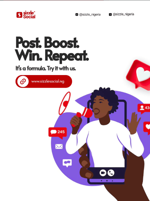 White Sizzle Social poster with an illustrated person holding a megaphone emerging from a phone screen, surrounded by notification icons, with text "Post. Boost. Win. Repeat."