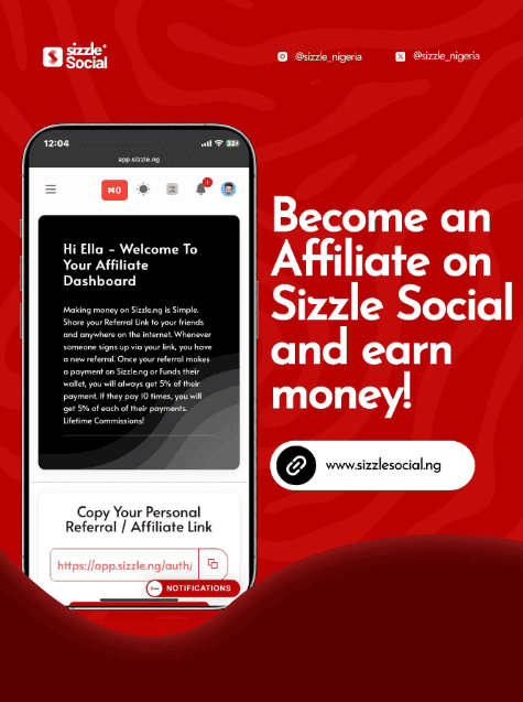 Red Sizzle Social poster showing a smartphone displaying the affiliate dashboard welcome screen, with text "Become an Affiliate on Sizzle Social and earn money!"