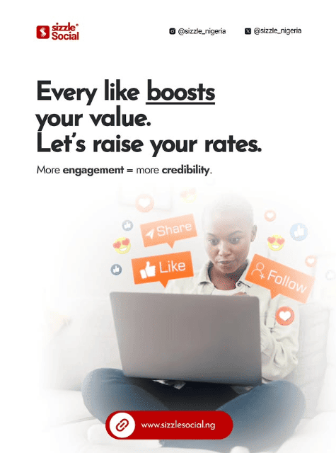 White Sizzle Social poster featuring a woman on a laptop surrounded by floating Like, Share, and Follow icons, with text reading "Every like boosts your value. Let's raise your rates."