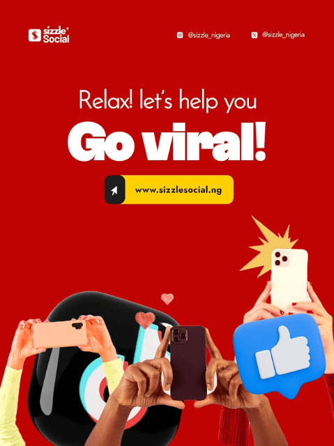 Red Sizzle Social poster with multiple hands holding smartphones around a TikTok logo and a 3D thumbs-up icon, with bold text reading "Relax! let's help you Go viral!"