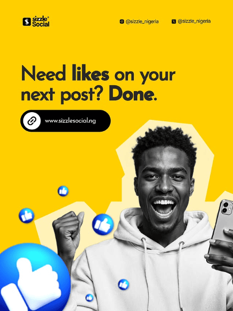 Yellow Sizzle Social poster with a black-and-white photo of an excited man holding a phone, surrounded by blue Facebook thumbs-up icons, with text reading "Need likes on your next post? Done."