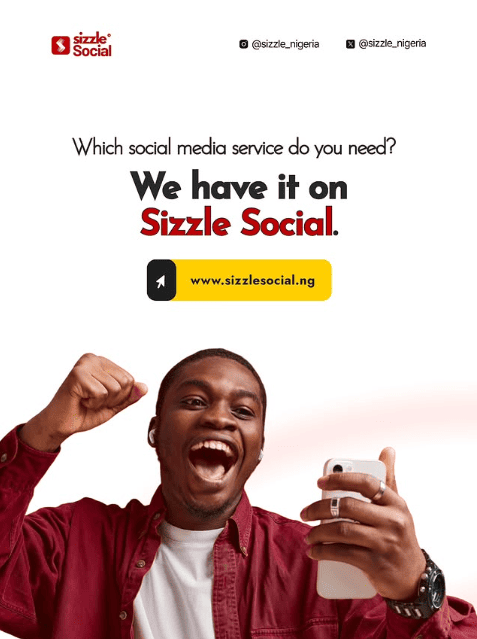 White Sizzle Social poster with a jubilant man in a red shirt holding a phone and pumping his fist, with text reading "Which social media service do you need? We have it on Sizzle Social."