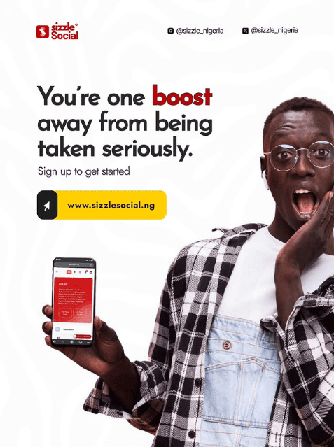 White Sizzle Social poster with a surprised young man holding a smartphone displaying the Sizzle app, with bold text reading "You're one boost away from being taken seriously."