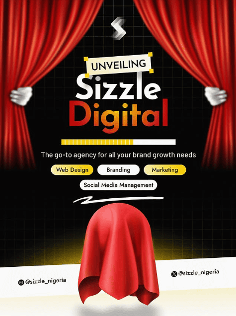 Dramatic black poster with red stage curtains being pulled apart to reveal the text "Unveiling Sizzle Digital – The go-to agency for all your brand growth needs" with service tags for Web Design, Branding, Marketing, and Social Media Management.