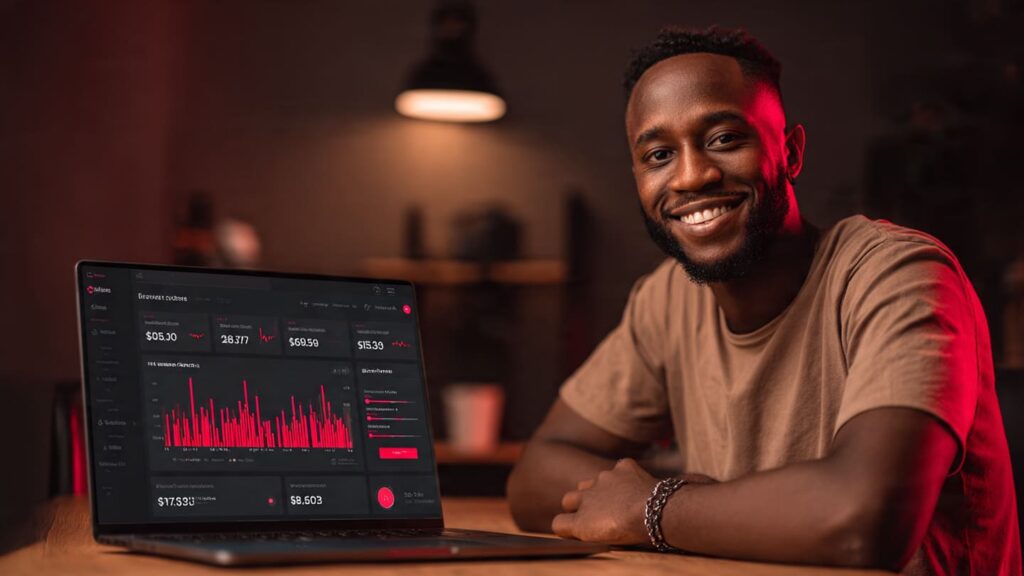 Nigerian content creator smiling at Sizzle Social affiliate dashboard showing commission earnings and referral tracking