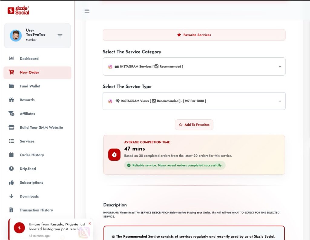 Average order completion time and service quality indicators on Sizzle Social